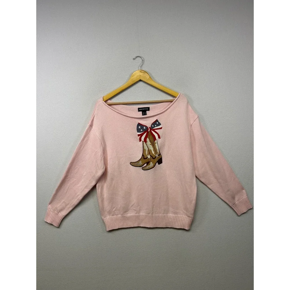 Arden B. Cowgirlcore Western Womens Medium Pink Cowboy Boot Graphic Knit Sweater - Picture 1 of 9